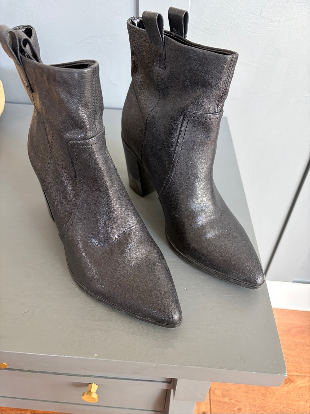 BCBG Pointed Toe Black Leather Ankle Booties with Block Heel